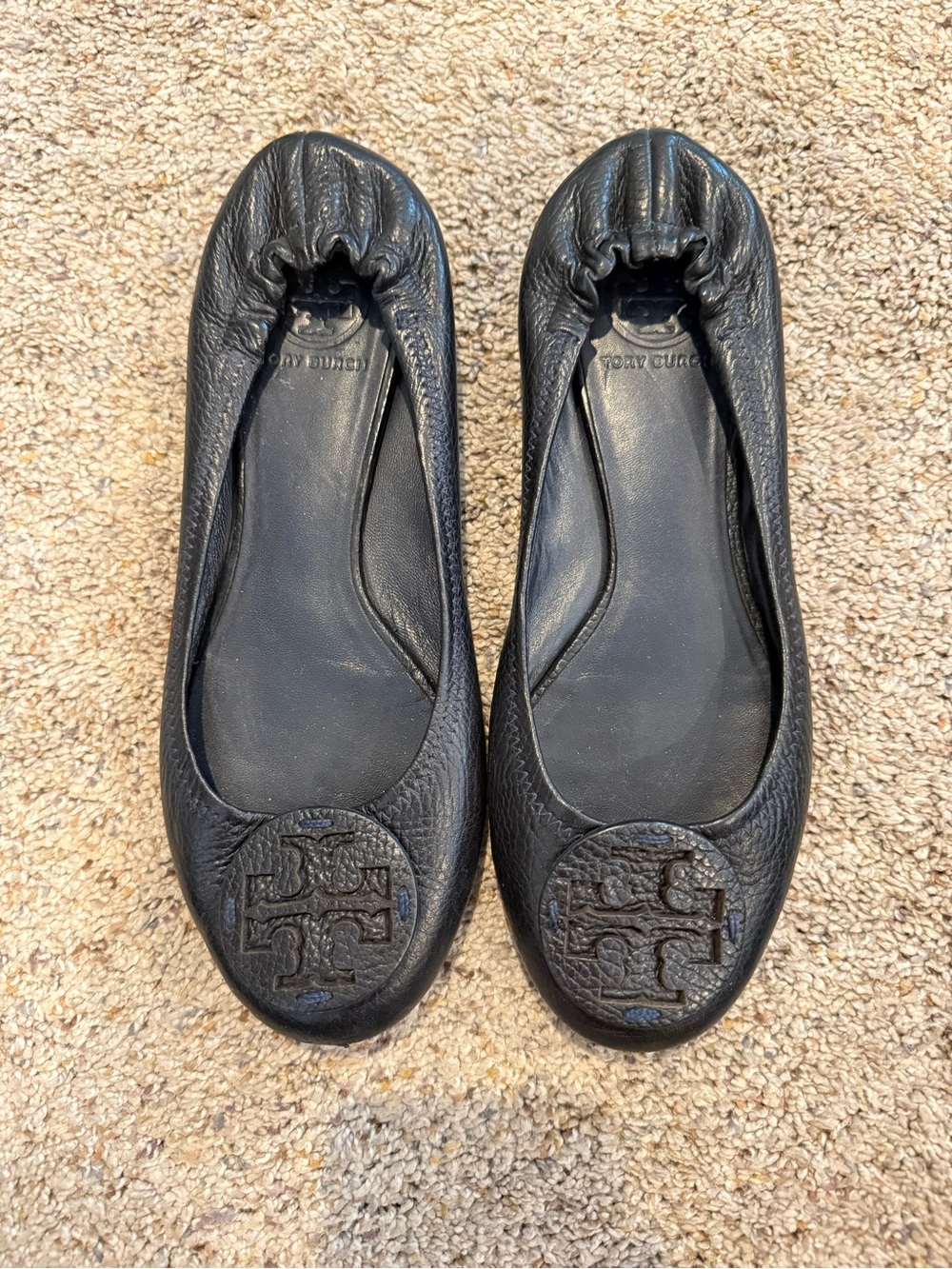 Tory Burch Black Leather Logo Ballet Flats